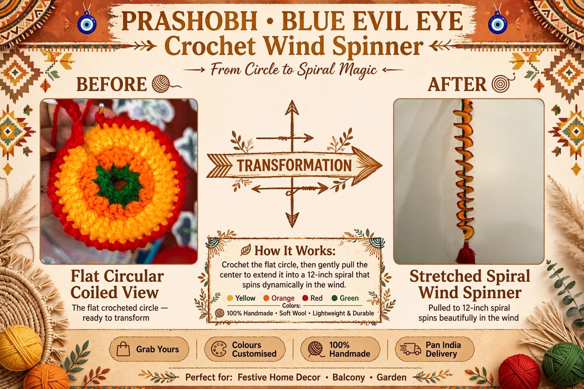 Handmade Crochet Spiral Wall Hanging with Tassel, media 1 of 4